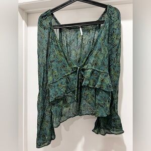 Free People Teal Floral Sheer Blouse